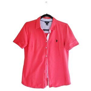 U.S. Polo Assn. Womens Polo Shirt L Short Sleeve Polka Dot -Orange